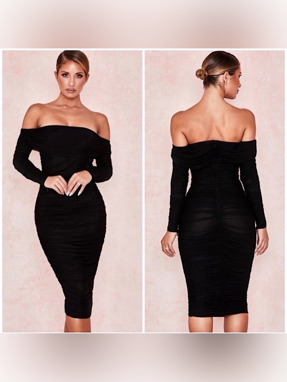House of CB Black Off-Shoulder Anais Ruched Midi Dress